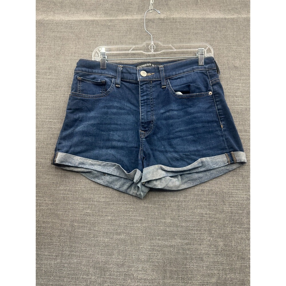 Express Jeans Shorts Womens 12 Blue Cotton Stretch Mid Rise Cuffed Hem Whiskers